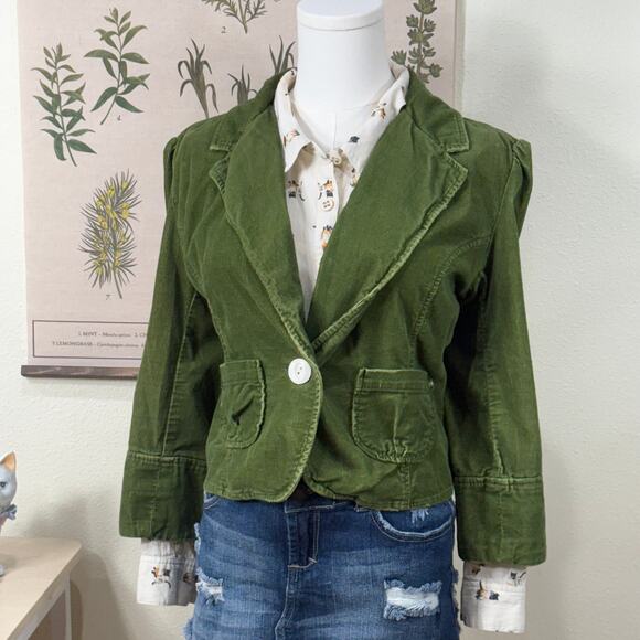 Vintage 90s Y2k Green Corduroy Crop Blazer Jacket Whimsy Twee Retro Whimsigoth M - Picture 1 of 6